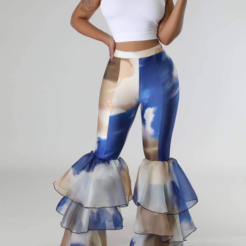 Stylish Blue and Cream Flared Pants - NWOT